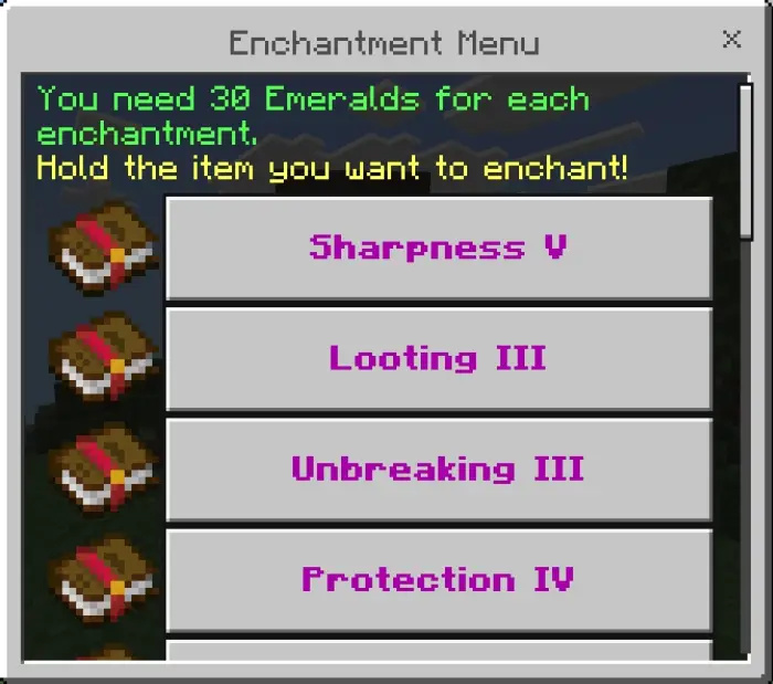 Enchantment menu with selectable enchantments