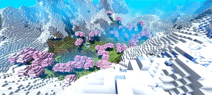Cherry trees in a snowy mountain valley