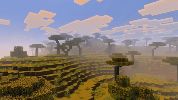 Soft, immersive fog over blocky savanna