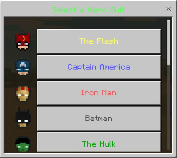 Superhero suit selection menu with icons