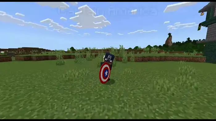 Blocky hero holds iconic shield on grass