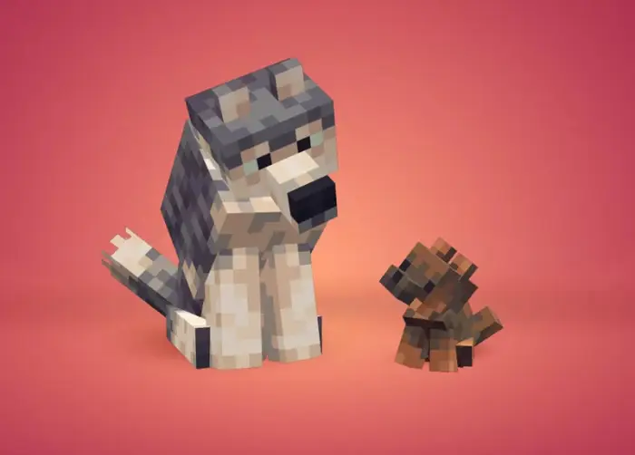 Blocky wolf and puppy on a pink background.
