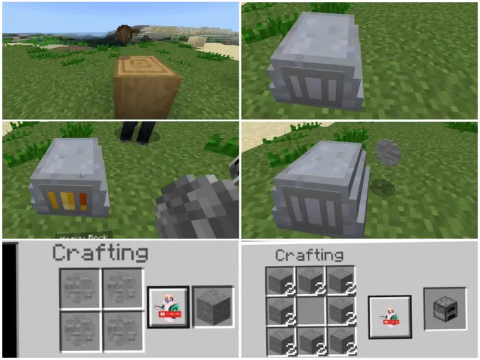 1. Log and crafting block on grass 2. Gray stone block on grass 3. Gray block being smelted 4. Gray block drops item 5. Craft