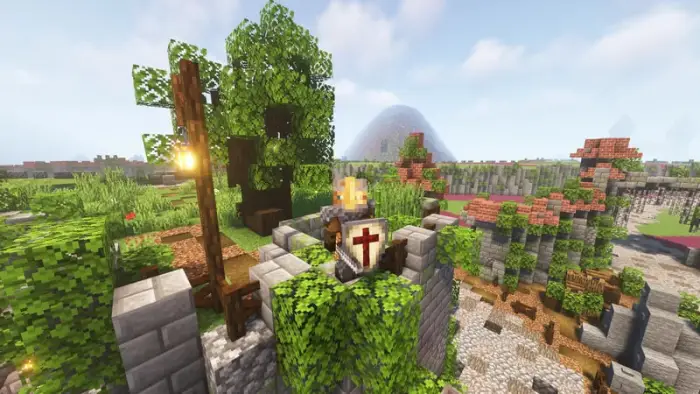 Knight in Templar armor with shield on wall
