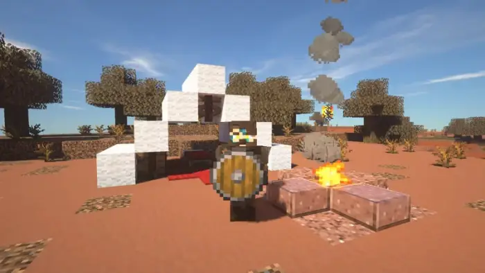 Player holding round shield by campfire