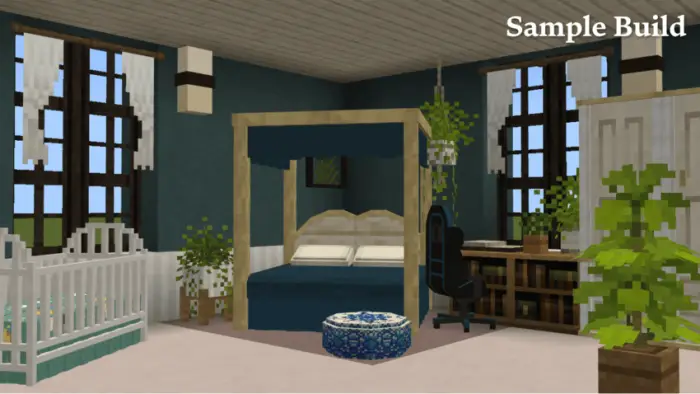 Bedroom with canopy bed, desk, and plants