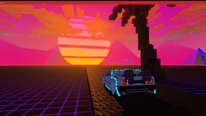 Neon sunset, retro car, palm, grid landscape