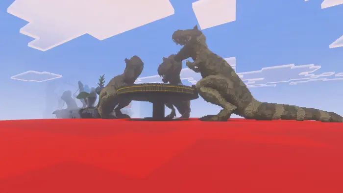 Three dinosaurs playing poker at a table