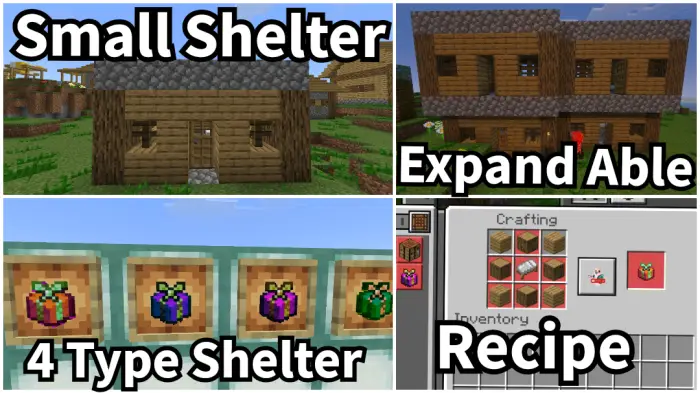 1. Small wooden starter shelter 2. Expandable wooden house 3. Four shelter types displayed 4. Crafting recipe for shelter