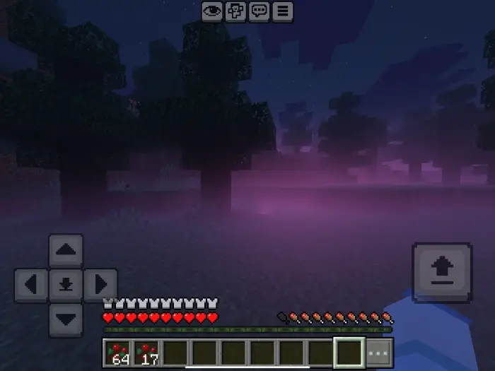 Dark forest with eerie purple fog at night
