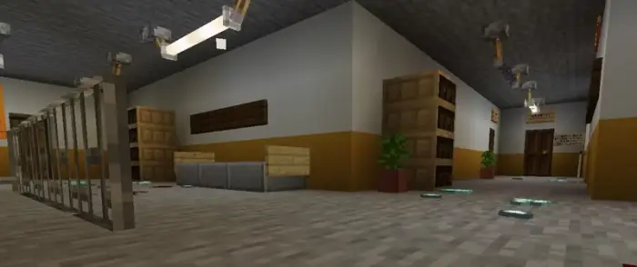 Blocky convent hallway with bookshelves and lights