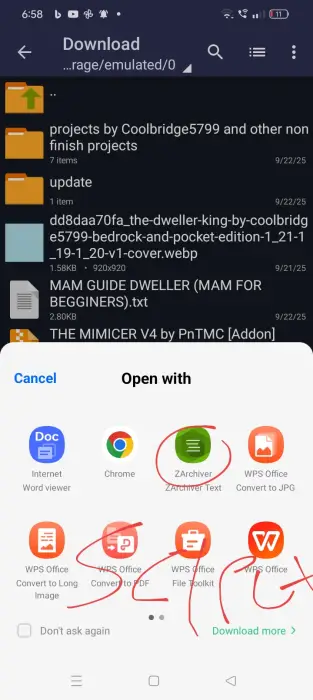File download folder with Open with menu.