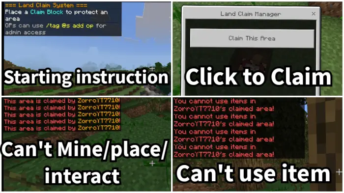 1. Land claim block placement guide 2. Land Claim Manager claim button 3. Area protection message in chat 4. Item use blocked