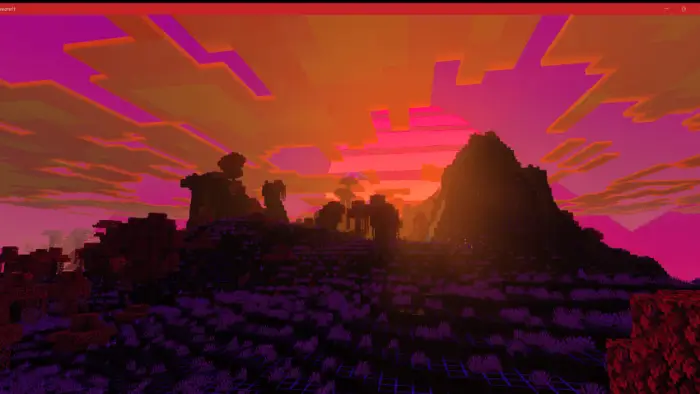 Neon sunset over pixelated mountains
