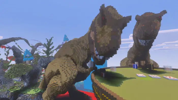 Blocky dinosaurs playing poker at a table