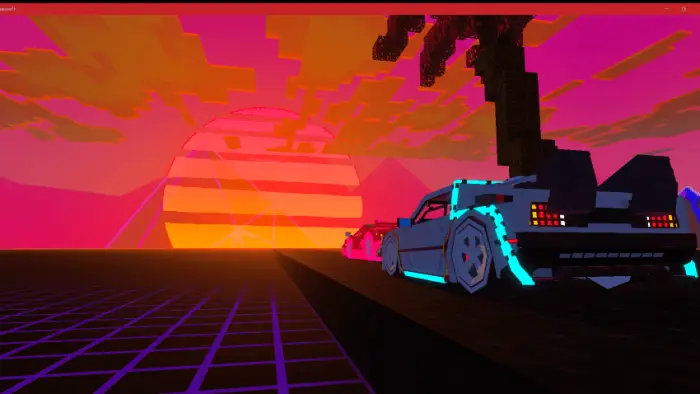 Neon retro cars at sunset, synthwave style