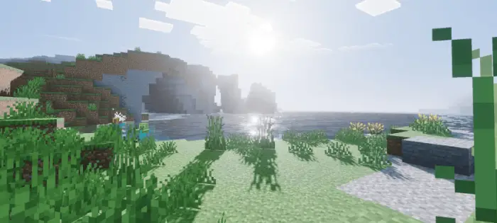 Realistic sunlight and detailed grassy shore