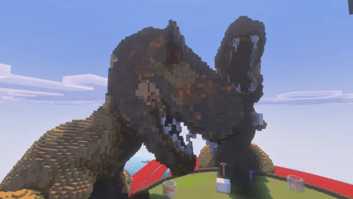 Blocky dinosaur head structure arena