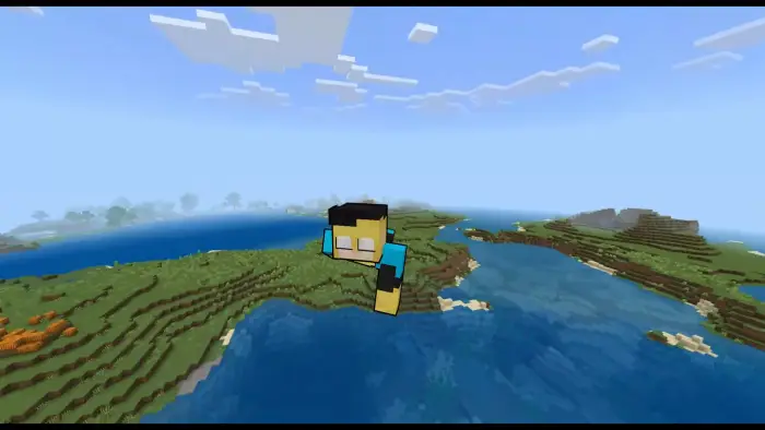 Blocky superhero character flying over water