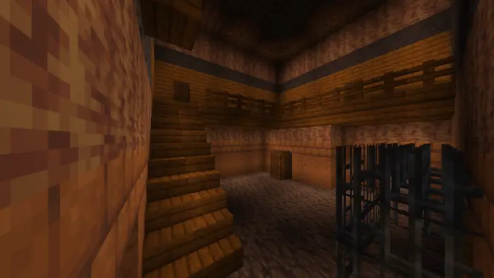 Dimly lit wooden staircase in spooky map