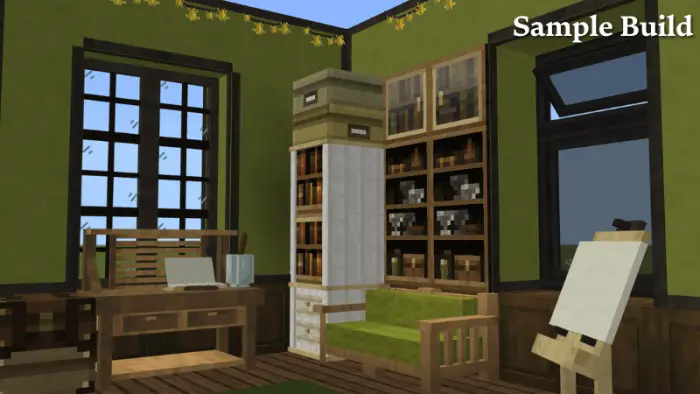Cozy room with desk, shelves, and easel