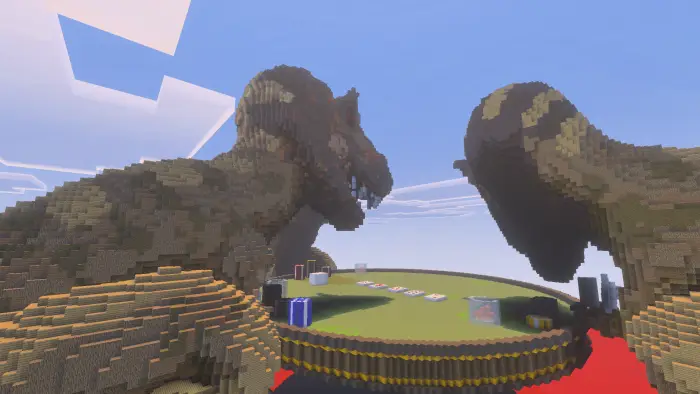 Dinosaur statues surround a poker arena.