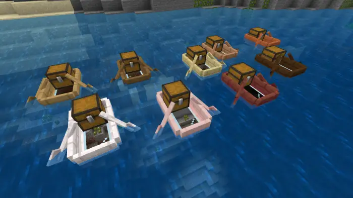 Nine chest boats with glass bottoms on water