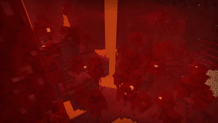Red-hued fog in a blocky lava cavern