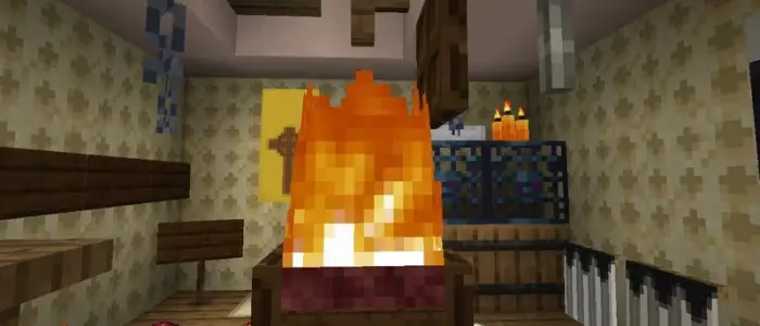 Pixelated fire in a spooky convent room