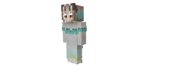 Pixel character with turquoise dress standing