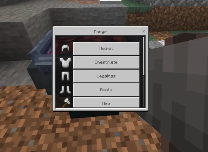 Forge crafting menu with armor and axe options.
