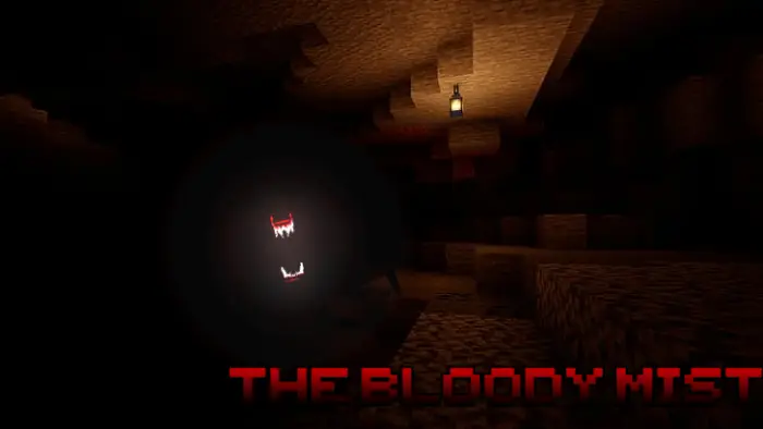 Dark cave with glowing red eyes and fangs
