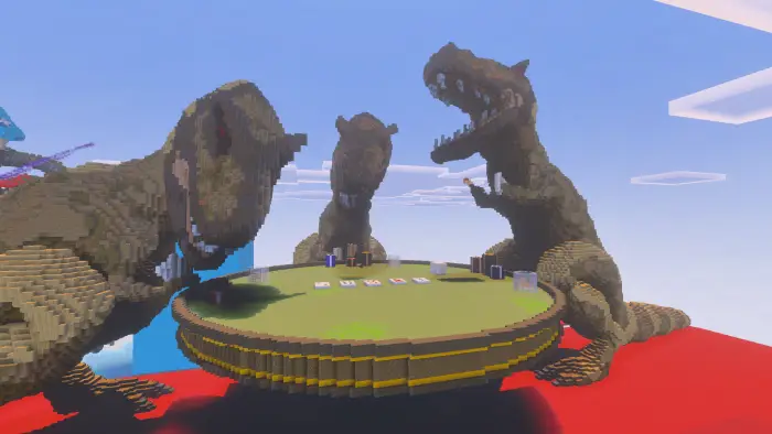 Three giant dinosaurs playing poker at a table