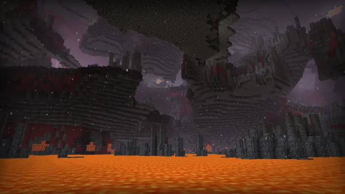 Thick, immersive fog over a lava landscape