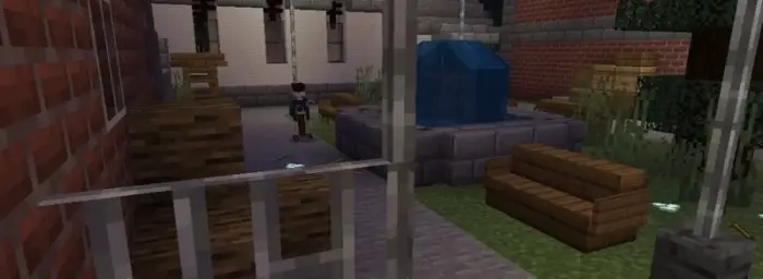 Blocky courtyard with benches and a fountain