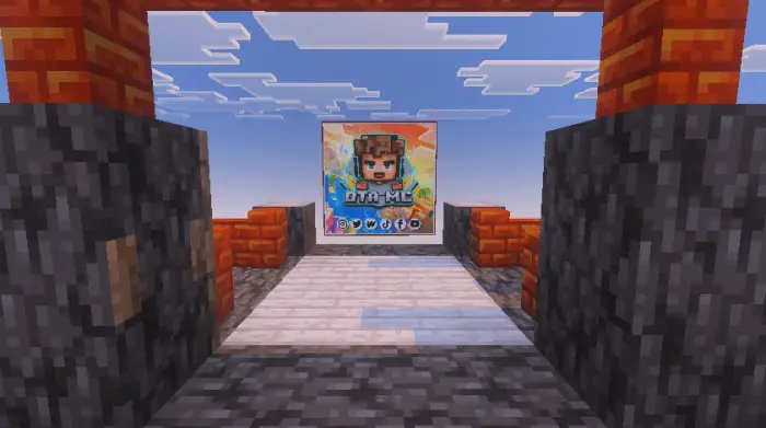 Blocky walkway leading to colorful game sign