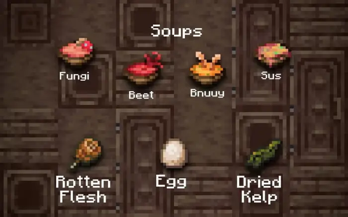 Pixel art food items labeled on wooden tiles