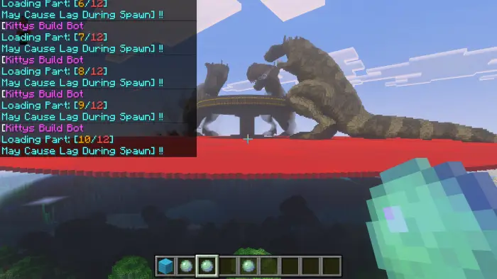 Giant dinosaur statues on red platform