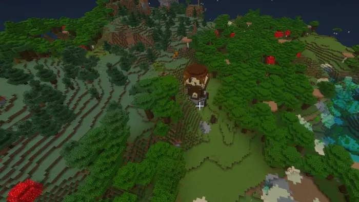 Dense forest with clearings and woodland mansion