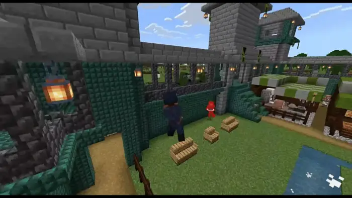 Captain America character in a blocky courtyard