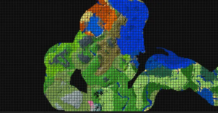 Colorful terrain map with grid overlay
