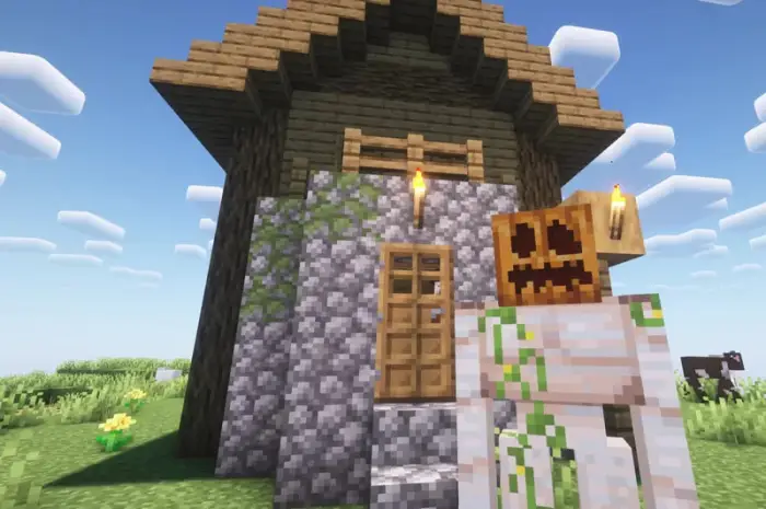 Iron golem with a carved pumpkin head