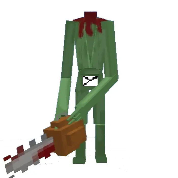 Headless green creature holding a chainsaw