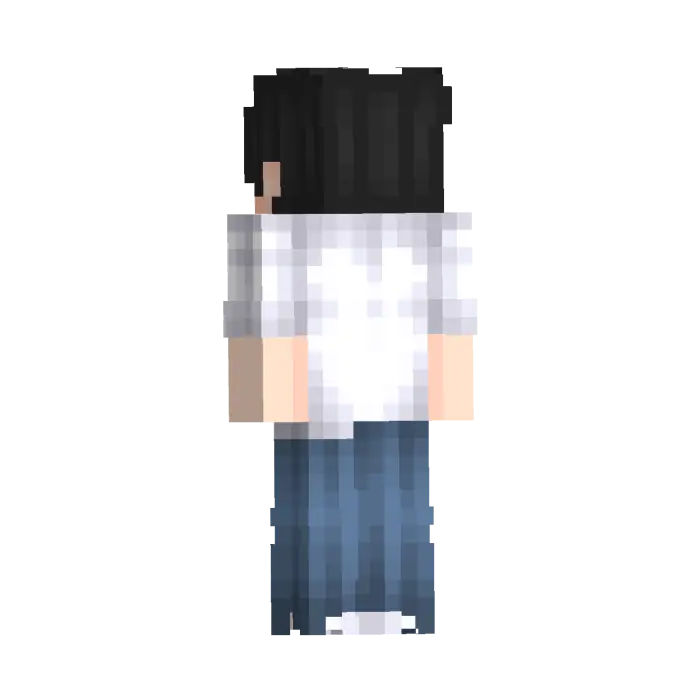 Pixel character with black hair, white shirt, jeans