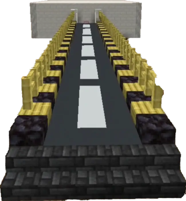 Blocky road bridge with yellow guardrails.