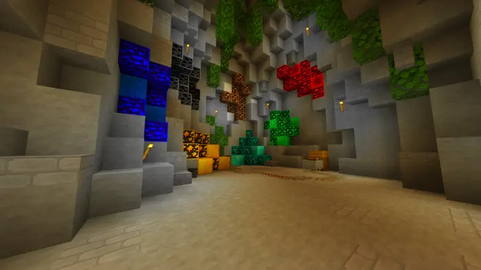 Colorful ore blocks in a bright stone cave