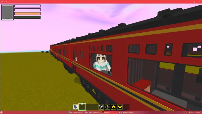 Blocky red train with character at window