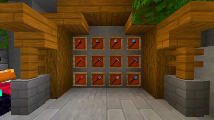 Neatly displayed tools in a vibrant wooden frame