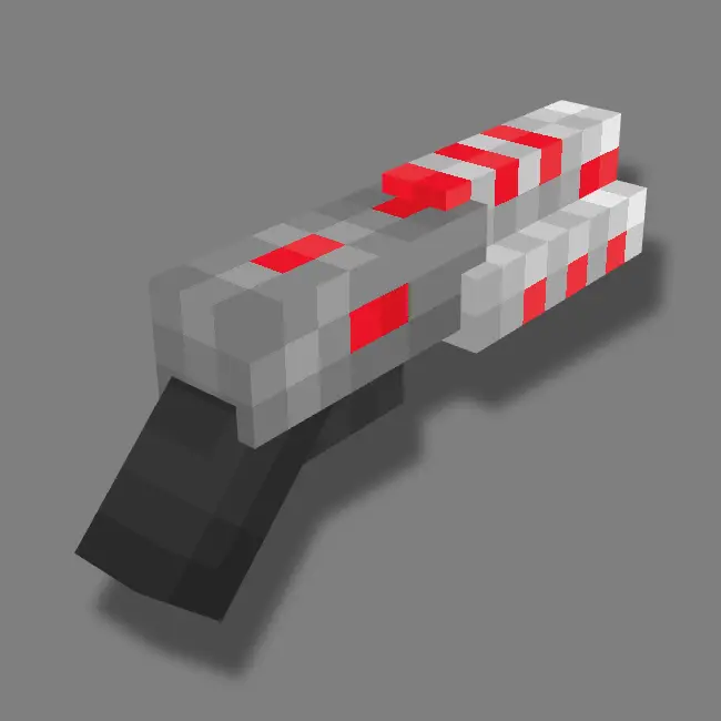 Futuristic pixelated blaster with red accents