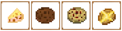 Four pixelated food items in wooden frames